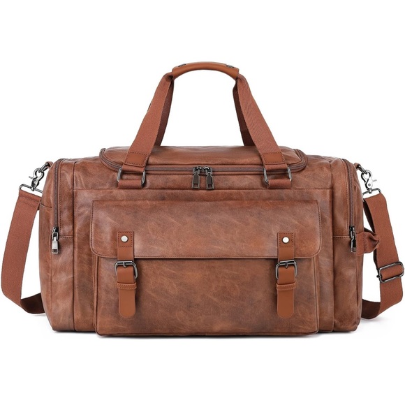 TRAVEL Bag Waterproof PU Leather Brown Duffle Bag - Picture 2 of 14